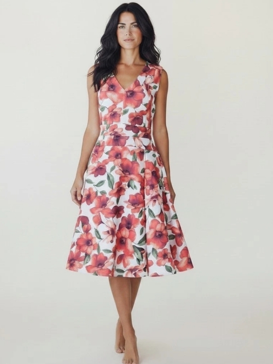 Calvin Klein Dresses & Skirts - Calvin Klein Floral Fit Flare Dress Womens 10 Red White Pleated Stretch Midi
